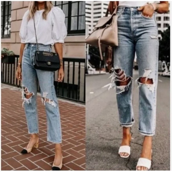 Agolde 90s Mid Rise Loose Fit Distressed Blue Jeans Size 26 - Picture 10 of 10